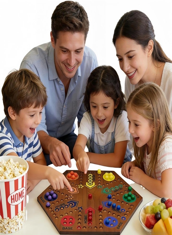 YWMSGM Wooden Board Games- -Marble Board Game -Surfacepainting-Double Sided Painted 15inch Fast Track for 6 and 4 Players with 6 Colors 30 Marbles 6 Dice for Kids Friends Family Game Party (Walnut) - Image 2